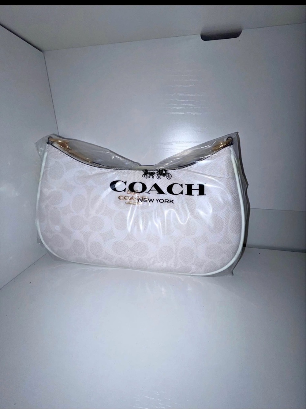 COACH White Signature Crescent Shoulder Bag with Gold-Tone Details